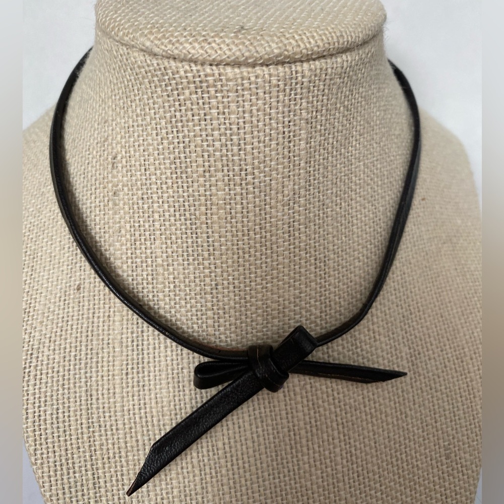 Dark brown Leather Choker Necklace bow tie detail Hook loop closure